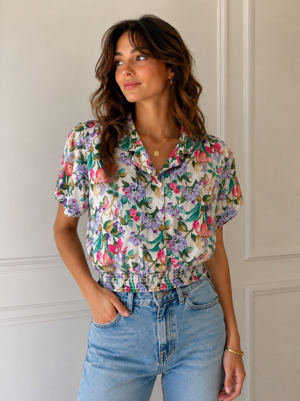 Vintage Floral Button-Up Blouse Size Large *measurements*